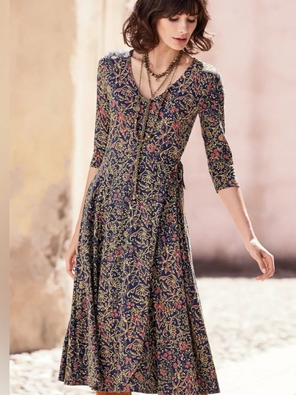 Peruvian Connection Sylvie Floral Dress Pima Cotton 3/4 Sleeves V-neckline